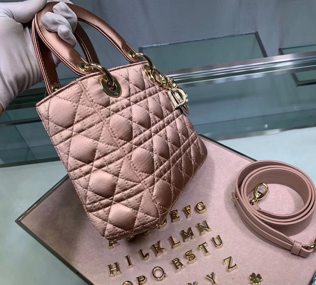 Dior Lady Original Silk Pink Bag 2369 Diamond Gold 