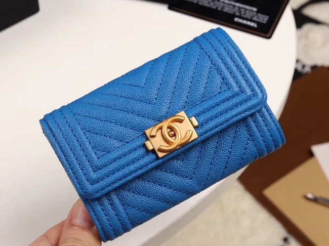 Chanel Calfskin Leather Card packet & Gold-Tone Metal A80603 blue