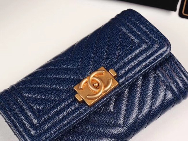 Chanel Calfskin Leather Card packet & Gold-Tone Metal A80603 dark blue