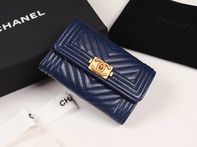 Chanel Calfskin Leather Card packet & Gold-Tone Metal A80603 dark blue