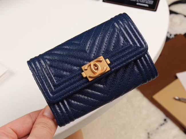 Chanel Calfskin Leather Card packet & Gold-Tone Metal A80603 dark blue