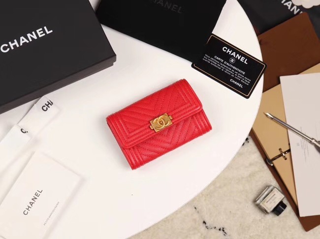 Chanel Calfskin Leather Card packet & Gold-Tone Metal A80603 red