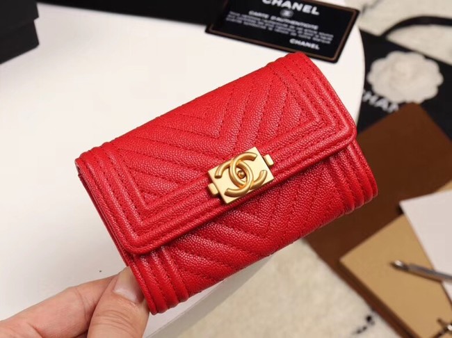 Chanel Calfskin Leather Card packet & Gold-Tone Metal A80603 red