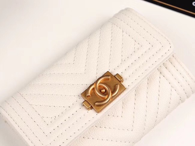 Chanel Calfskin Leather Card packet & Gold-Tone Metal A80603 white