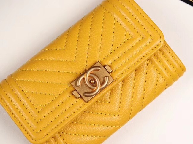 Chanel Calfskin Leather Card packet & Gold-Tone Metal A80603 yellow