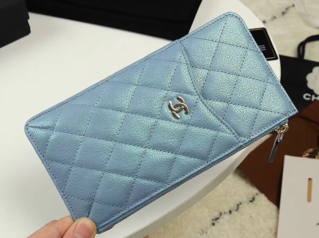 Chanel Calfskin Leather Card packet & Gold-Tone Metal A81598 light blue