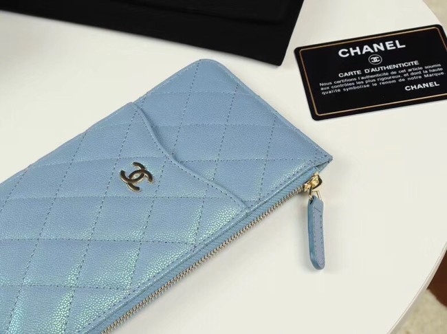 Chanel Calfskin Leather Card packet & Gold-Tone Metal A81598 light blue