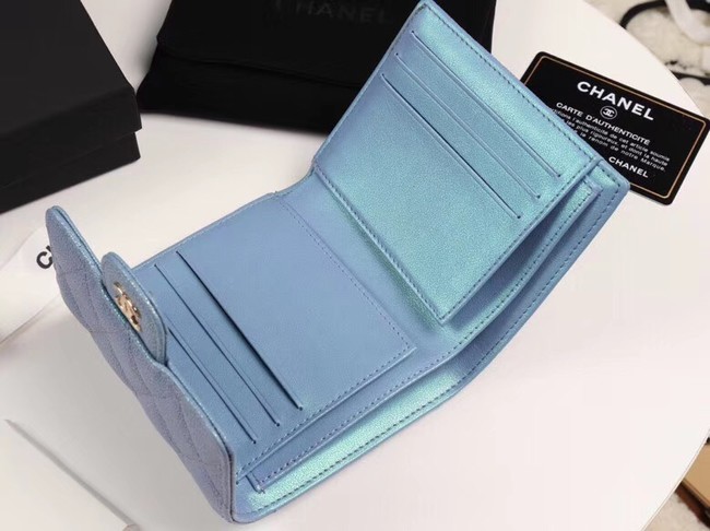 Chanel Calfskin Leather wallet & Gold-Tone Metal A82288 light blue