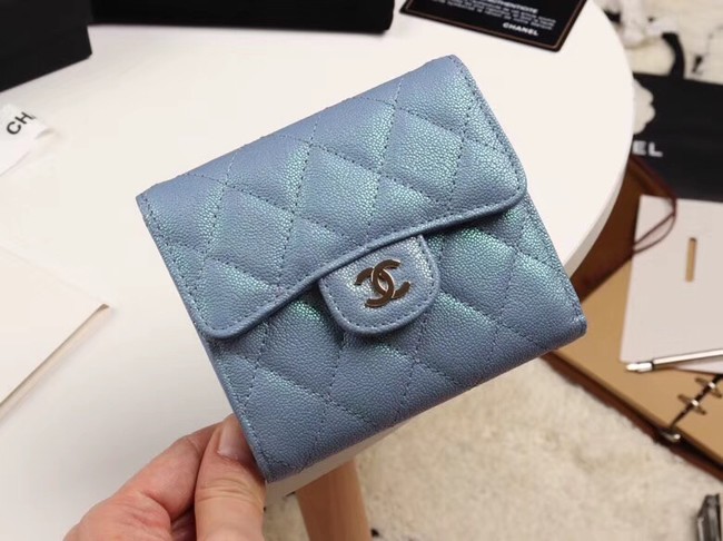 Chanel Calfskin Leather wallet & Gold-Tone Metal A82288 light blue