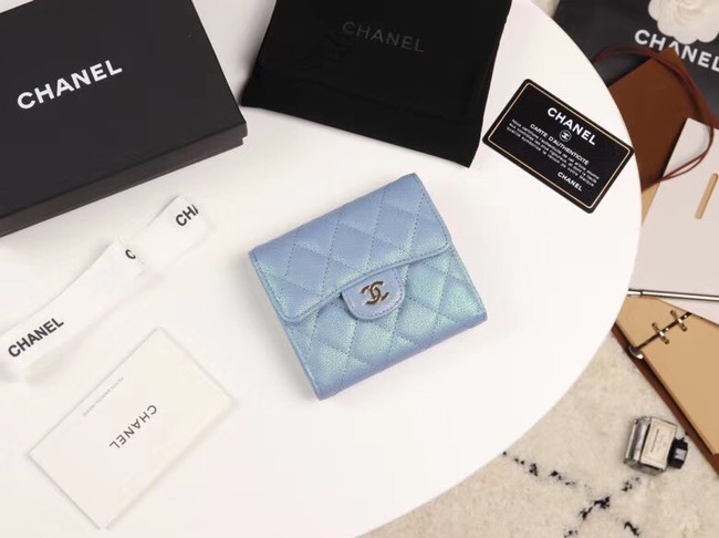 Chanel Calfskin Leather wallet & Gold-Tone Metal A82288 light blue