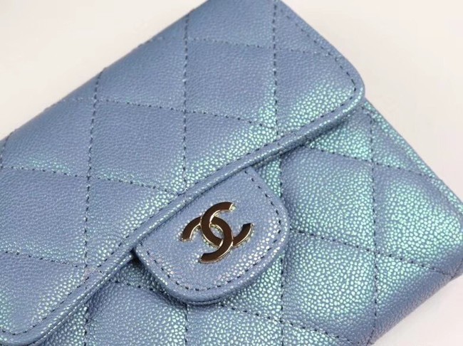 Chanel Calfskin Leather wallet & Gold-Tone Metal A82288 light blue