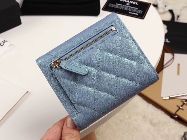 Chanel Calfskin Leather wallet & Gold-Tone Metal A82288 light blue