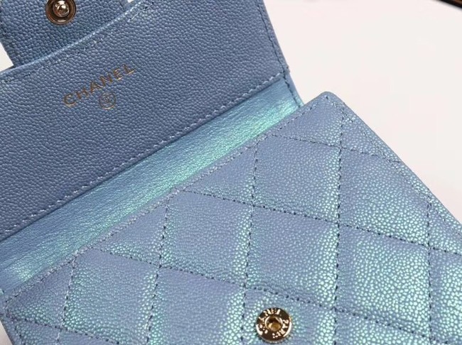 Chanel Calfskin Leather wallet & Gold-Tone Metal A82288 light blue