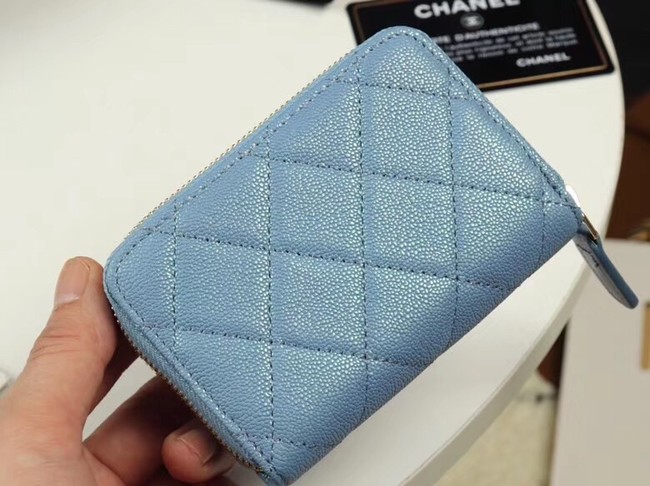 Chanel classic card holder Grained Calfskin & Gold-Tone Metal A69271 Blue