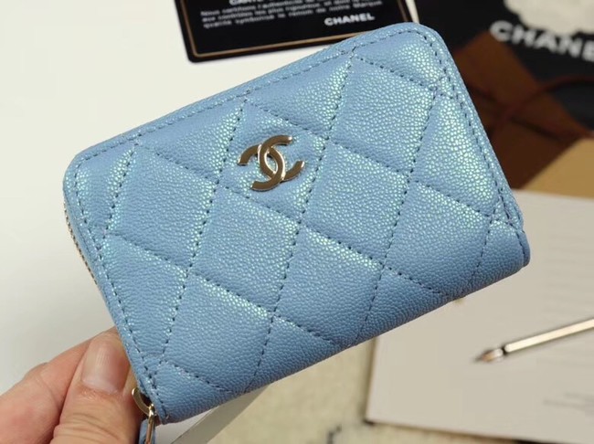 Chanel classic card holder Grained Calfskin & Gold-Tone Metal A69271 Blue