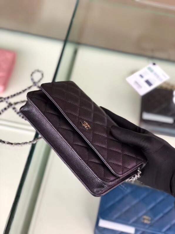 Chanel classic wallet on chain Grained Calfskin & Silver-Tone Metal 33814 Pearlescent black