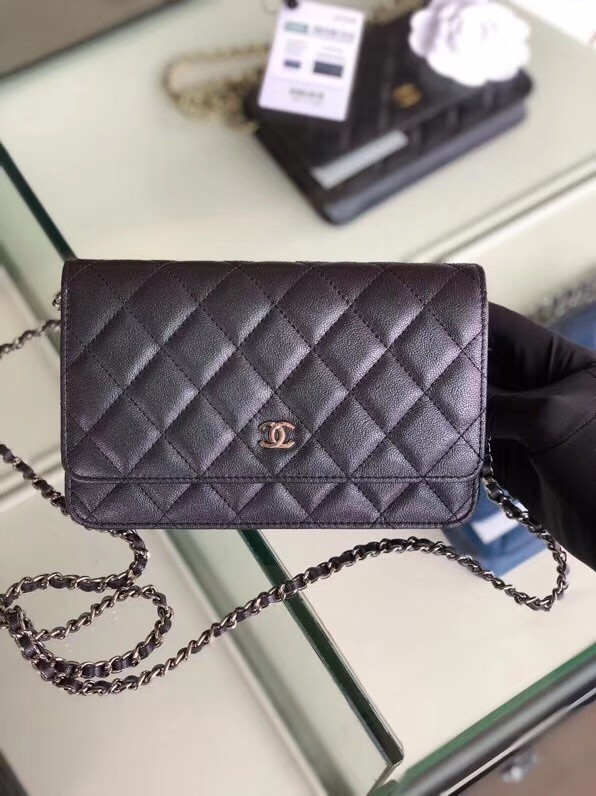 Chanel classic wallet on chain Grained Calfskin & Silver-Tone Metal 33814 Pearlescent black