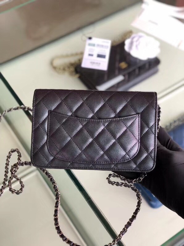 Chanel classic wallet on chain Grained Calfskin & Silver-Tone Metal 33814 Pearlescent black