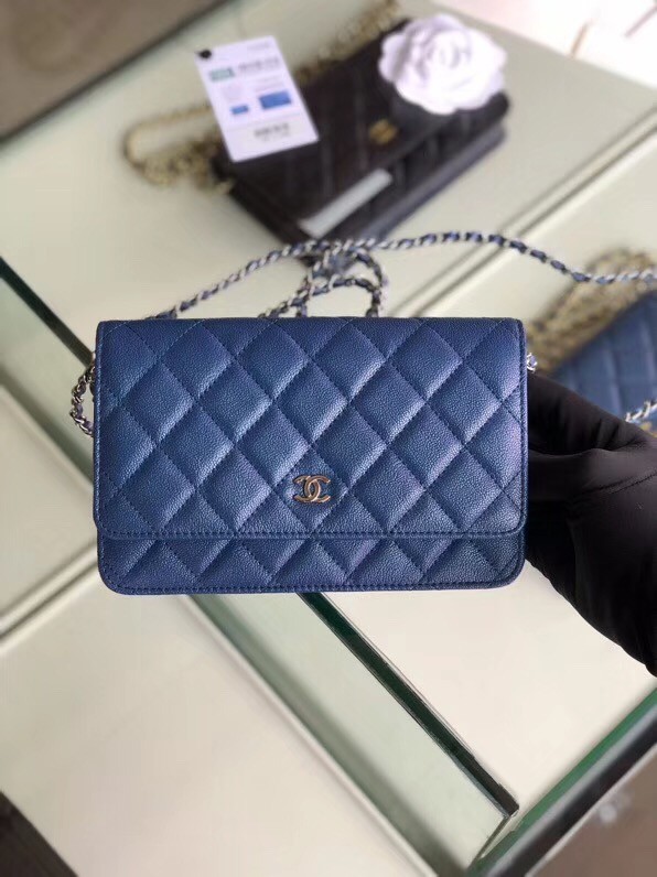 Chanel classic wallet on chain Grained Calfskin & Silver-Tone Metal 33814 Pearlescent blue