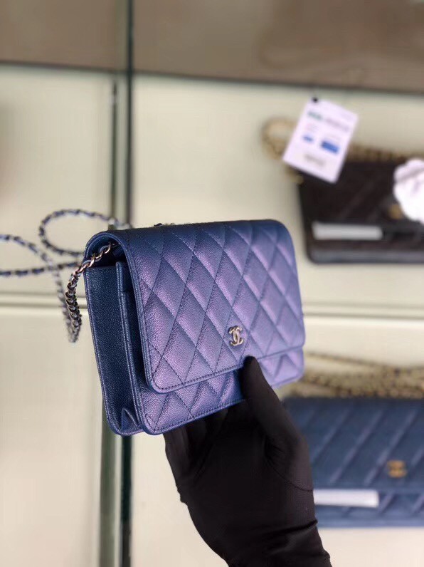 Chanel classic wallet on chain Grained Calfskin & Silver-Tone Metal 33814 Pearlescent blue