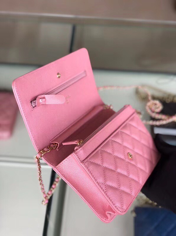 Chanel classic wallet on chain Grained Calfskin & gold-Tone Metal 33814 Pearlescent Pink