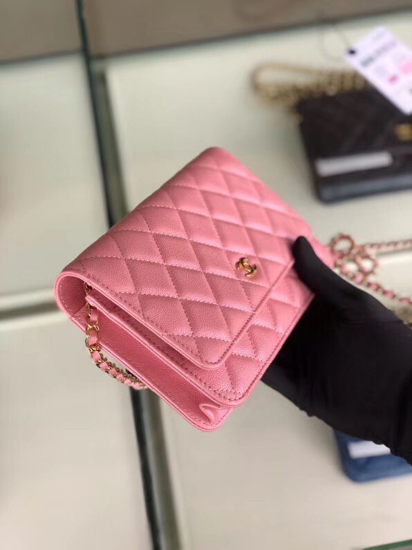 Chanel classic wallet on chain Grained Calfskin & gold-Tone Metal 33814 Pearlescent Pink