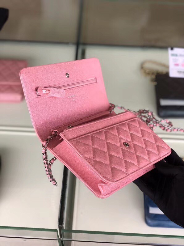 Chanel classic wallet on chain Grained Calfskin & Silver-Tone Metal 33814 Pearlescent Pink