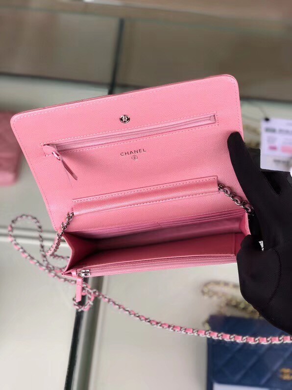 Chanel classic wallet on chain Grained Calfskin & Silver-Tone Metal 33814 Pearlescent Pink