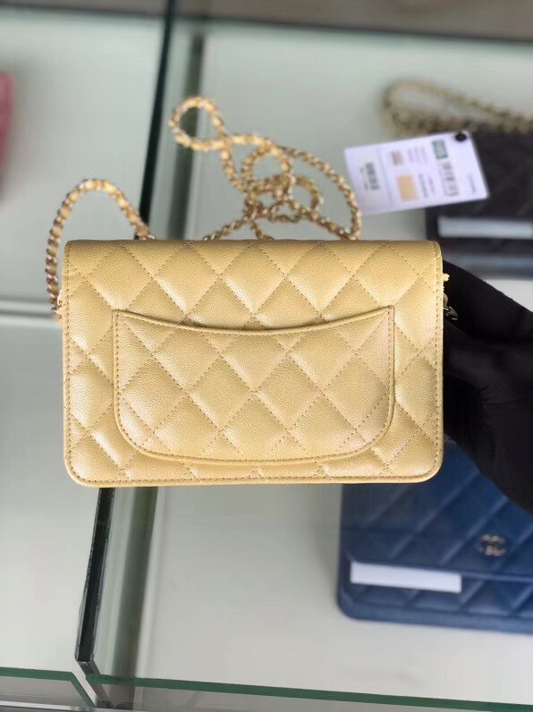 Chanel classic wallet on chain Grained Calfskin & gold-Tone Metal 33814 Pearlescent apricot