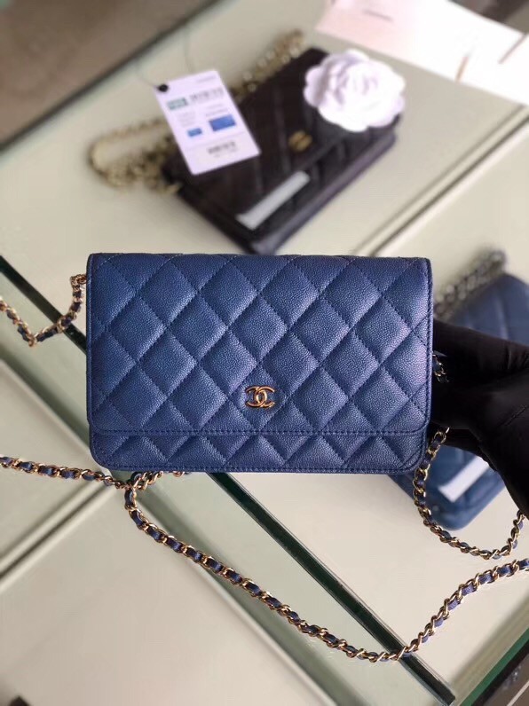 Chanel classic wallet on chain Grained Calfskin & gold-Tone Metal 33814 Pearlescent blue