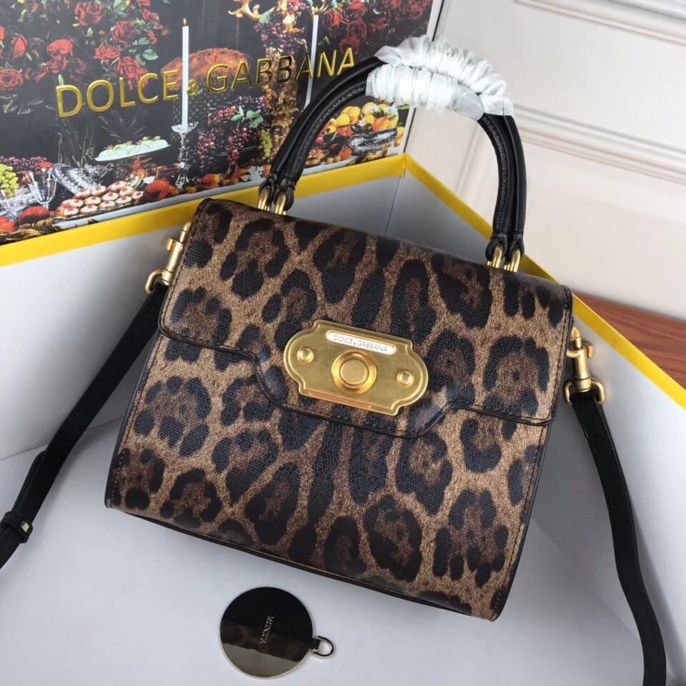 Dolce & Gabbana Leopard Leather Top Handle Bag DG8588 Brown