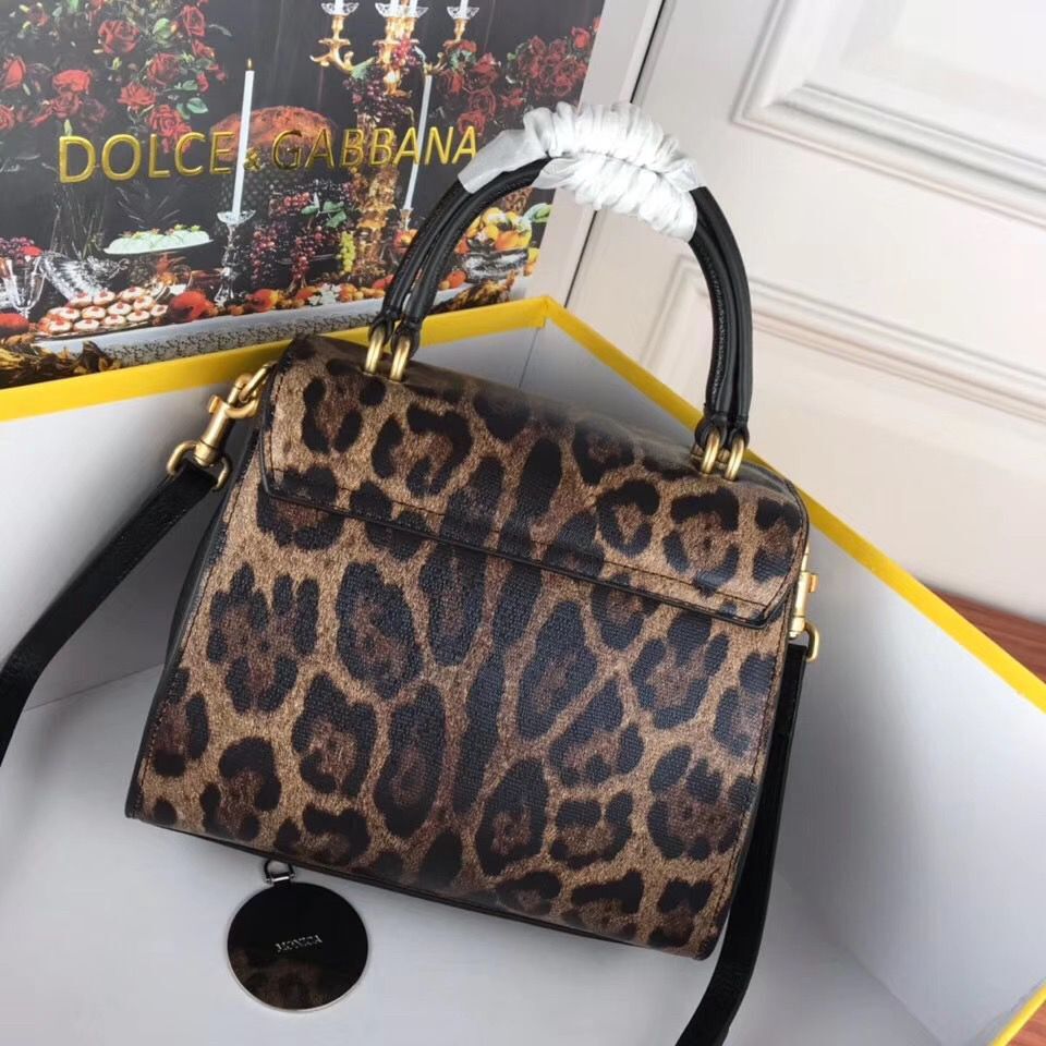 Dolce & Gabbana Leopard Leather Top Handle Bag DG8588 Brown