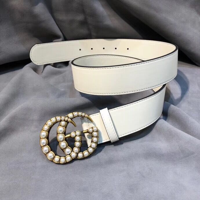 Gucci leather belt with pearl Double G 453261 white