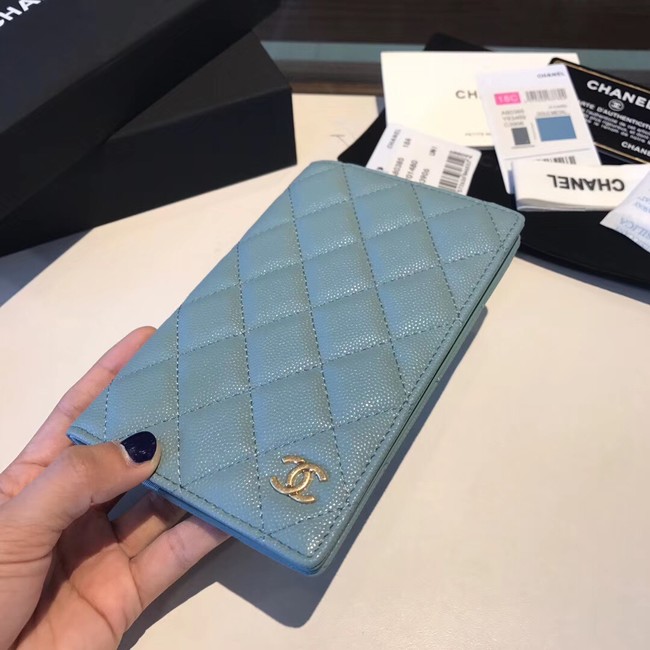 Chanel Calfskin Leather & Gold-Tone Metal Wallet A80385 Light Sky Blue