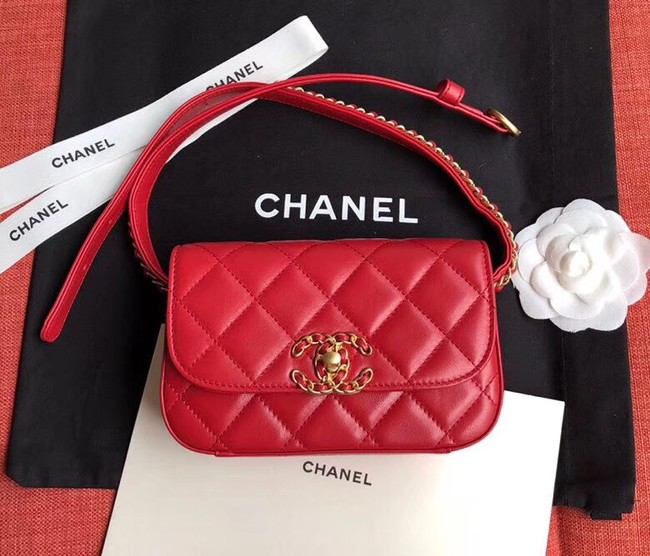 Chanel Original Sheepskin Leather Belt Bag Red 33866 Gold