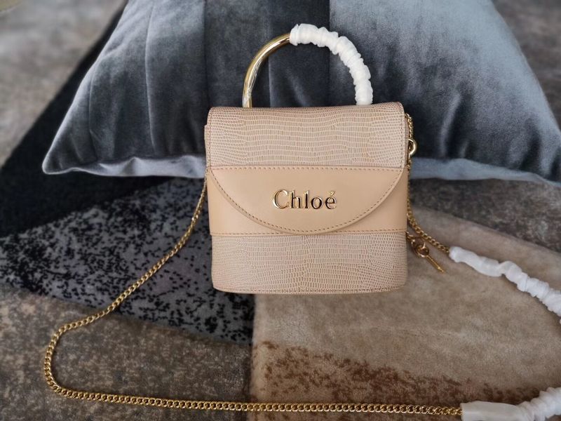 Chloe Small Aby Lock Chain Bag in Embossed Lizard Effect on Calfskin & Goatskin 3S035 Apricot