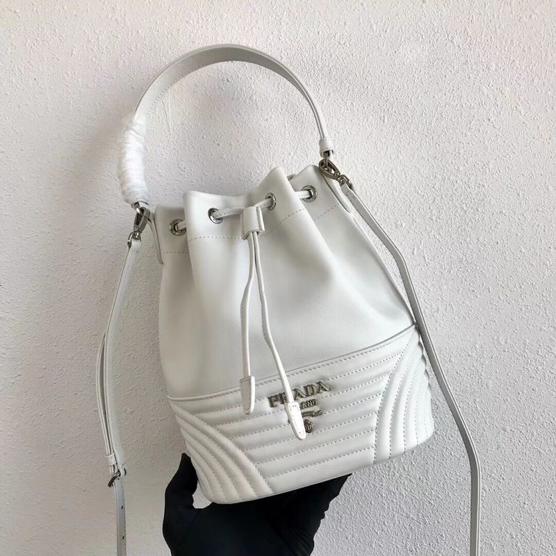 Prada Original Calfskin Leather Bucket Bag 1BH038 White