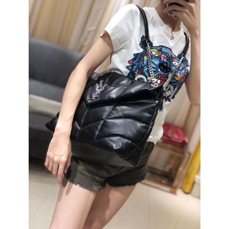 Yves Saint Laurent LOULOU PUFFER MEDIUM BAG IN QUILTED CRINKLED MATTE LEATHER Y577475 Black