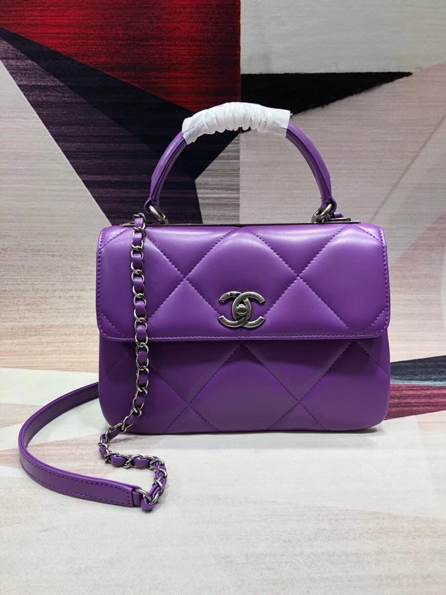 Chanel CC original lambskin top handle flap bag A92236 purple&silver-Tone Metal