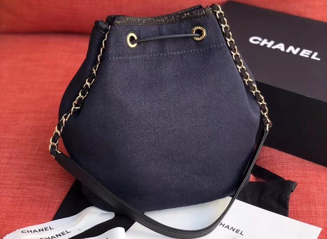 CHANEL Tweed Calfskin drawstring bag & Gold-Tone Metal AS0455 Navy