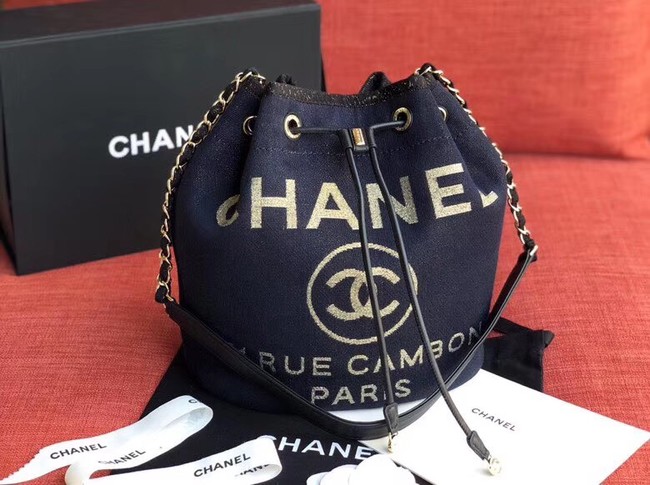 CHANEL Tweed Calfskin drawstring bag & Gold-Tone Metal AS0455 Navy