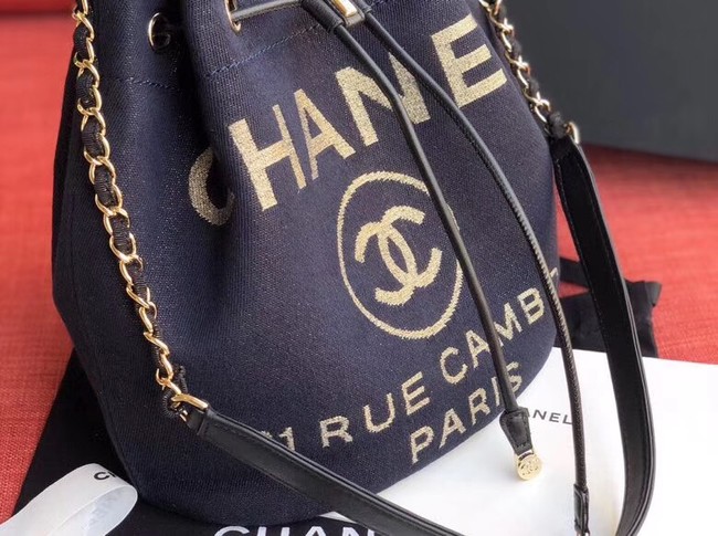 CHANEL Tweed Calfskin drawstring bag & Gold-Tone Metal AS0455 Navy