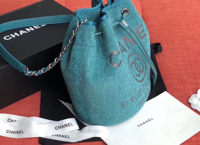 CHANEL Tweed Calfskin drawstring bag & Gold-Tone Metal AS0455 blue