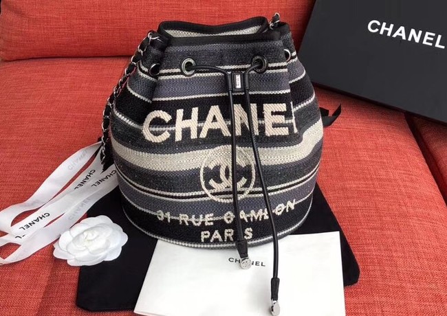 CHANEL Tweed Calfskin drawstring bag & Gold-Tone Metal AS0455 grey.white.Navy