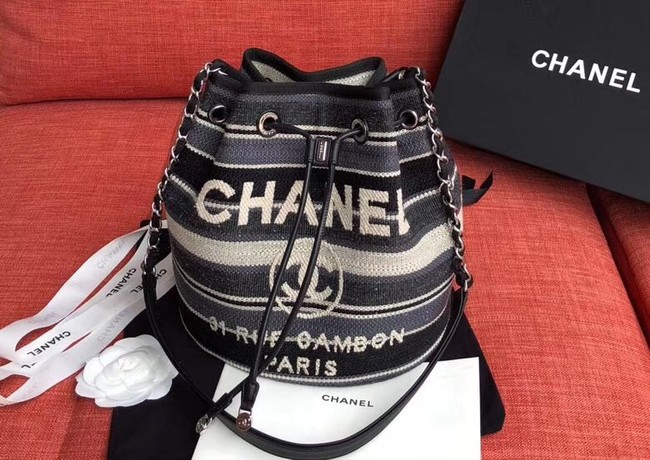 CHANEL Tweed Calfskin drawstring bag & Gold-Tone Metal AS0455 grey.white.Navy