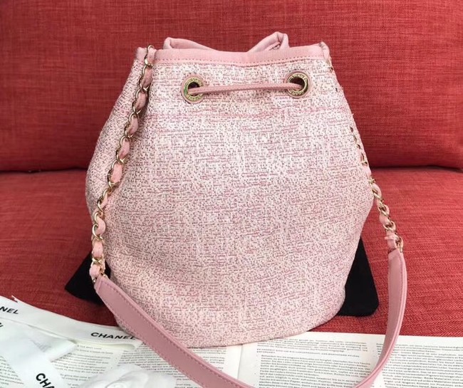 CHANEL Tweed Calfskin drawstring bag & Gold-Tone Metal AS0455 pink