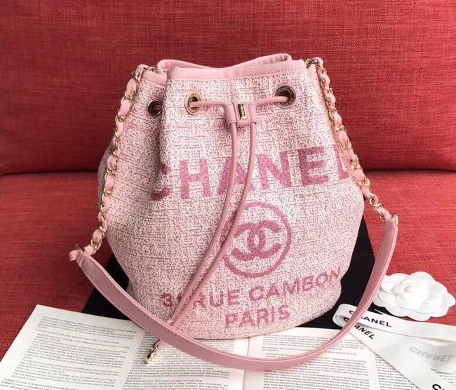 CHANEL Tweed Calfskin drawstring bag & Gold-Tone Metal AS0455 pink