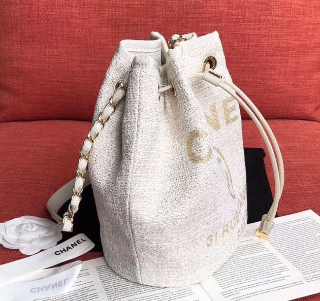 CHANEL Tweed Calfskin drawstring bag & Gold-Tone Metal AS0455 white