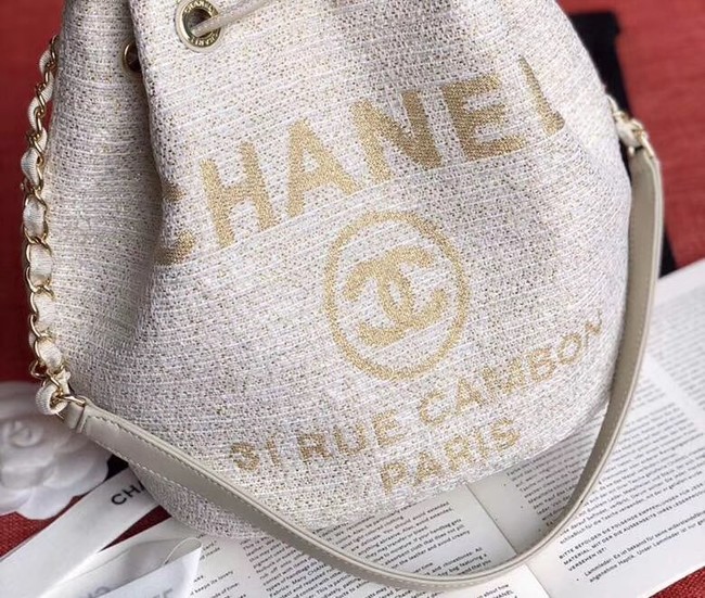 CHANEL Tweed Calfskin drawstring bag & Gold-Tone Metal AS0455 white