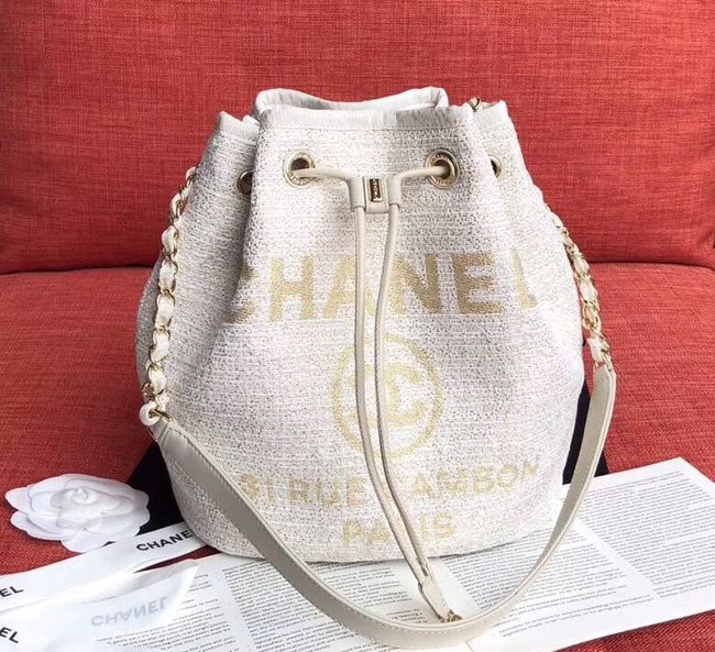 CHANEL Tweed Calfskin drawstring bag & Gold-Tone Metal AS0455 white